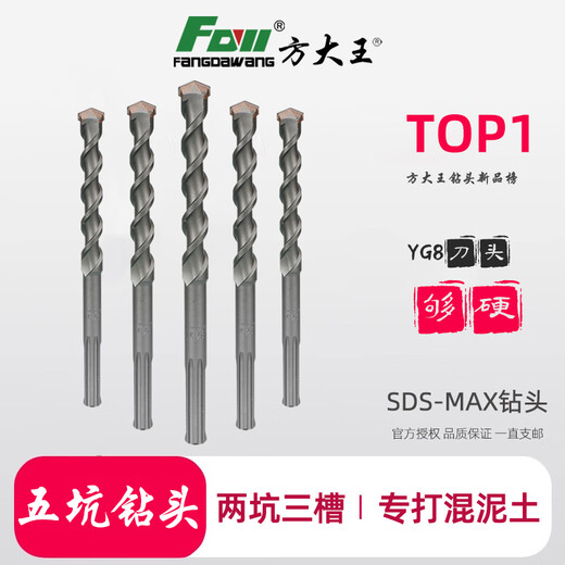 Fang Dawang five-pit drill bit electric hammer drill bit SDS-MAX extended wall turn head special two-pit three-slot impact drill bit for planting bars 22*800mm five-pit drill bit