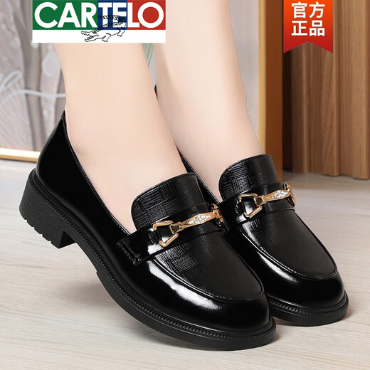 卡帝乐鳄鱼（CARTELO）乐福鞋女2025春新款英伦风小皮鞋舒适女士单鞋软皮软底中年妈妈鞋 1098-3黑色 40