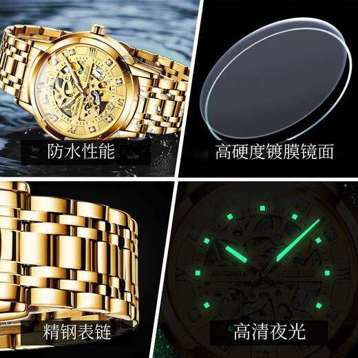 【张智霖代言品牌表】欧利时瑞士认证手表男全自动机械表时尚夜光防水男士手表潮流镶钻男表商务镂空表男学生 9901钢带全金色【皮表带】