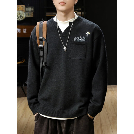 AEMAPE brand sweater men's 2025 early spring new trendy brand loose Henry collar embroidered sweater men's sweater top black L suitable for 125-145Jin Jin equals 0.5 kg