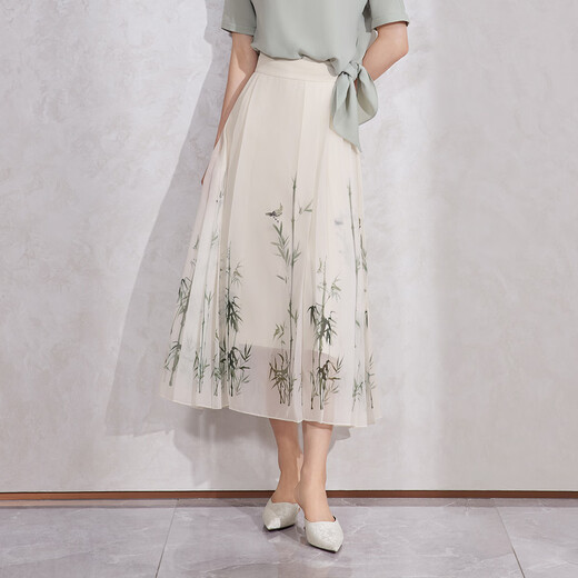 
Pink blue wardrobe 2024 summer new style new Chinese style bamboo photocopy horse face skirt women's tulle skirt 5A2Q690 Vanilla apricot L
