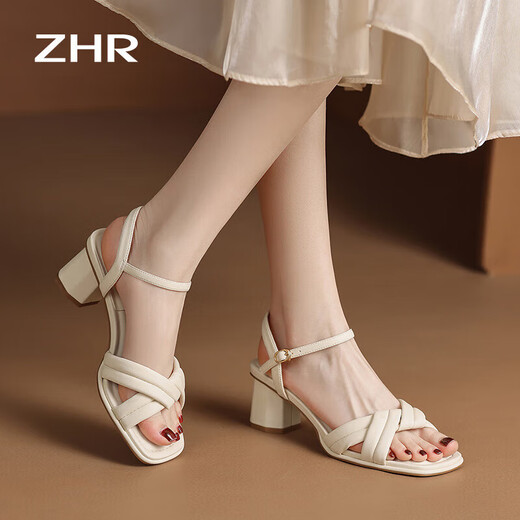 
ZHR Sandals for women in summer elegant one-strip thick heels for women's shoes gentle solid color high heels for women Y683 beige 38