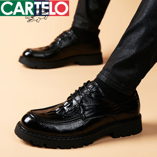 CARTELO crocodile pattern autumn genuine leather business formal men's shoes British youth casual thick sole high-end light luxury wedding shoes leather shoes for men black 41