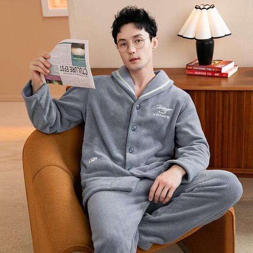 Fenten Couple Pajamas Thickened Double-sided Warm Velvet Autumn and Winter Lapel Long Sleeve Simple Warm Home Clothing Set Light Gray Blue-Men's 2XL