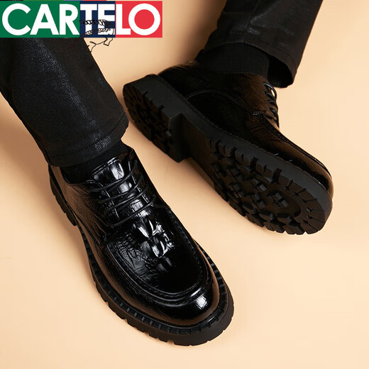 CARTELO crocodile pattern autumn genuine leather business formal men's shoes British youth casual thick sole high-end light luxury wedding shoes leather shoes for men black 41