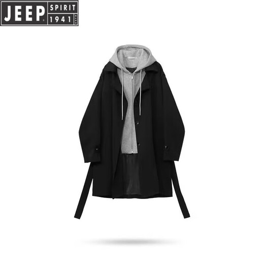 JEEP SPIRIT Jeep fake two-piece sweatshirt hooded splicing mid-length windbreaker men's British style spring and autumn loose wide coat black XL