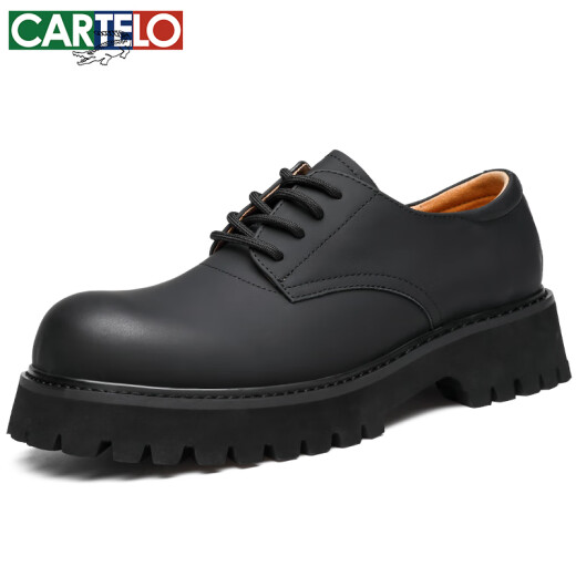 卡帝乐鳄鱼（CARTELO）英伦男士休闲皮鞋透气软牛皮德比鞋圆头厚底商务皮鞋男9930黑色43