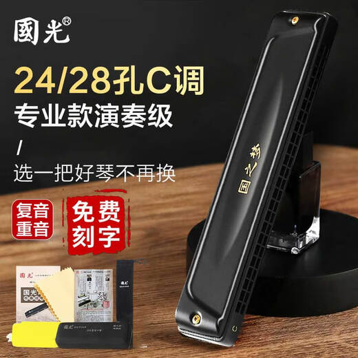Guoguang Armónica polifónica de 24 hoyos en tecla C para estudiantes principiantes, niños y niñas, instrumento de viento armónica de nivel inicial de autoaprendizaje Tecla C plateada polifónica de 28 hoyos + libro de partituras