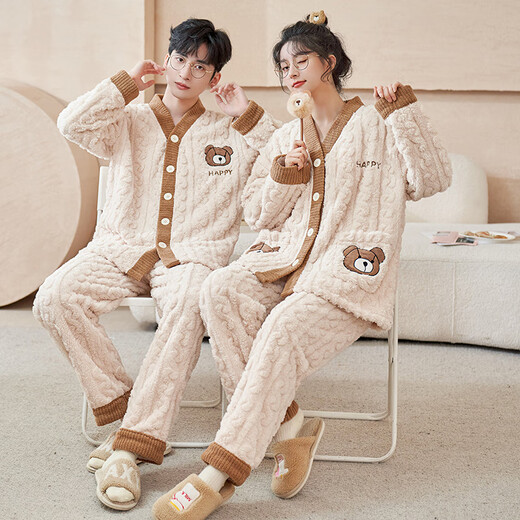 Langsha Couple Pajamas Autumn and Winter Men and Women Coral Velvet Warm Plus Velvet Thickened Cartoon Cute Loose Flannel Home Clothes Cartoon Bear 2XL Women's Style