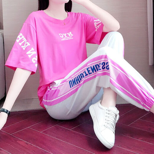 啄木鸟休闲运动服套装女夏季新款大码宽松潮牌时尚嘻哈曳步舞两件套 6630粉色 S