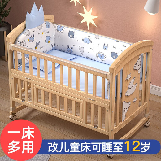 Airidge Crib Massivholz lackfrei bewegbares Spleißen großes Bett Baby Bett Multifunktional Windel Tisch Neulinge BB Bett großes Bett + Krontierparty Blaues Fünf-teiliger Set