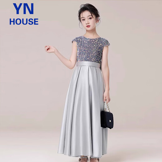 衣诺坊儿童礼服女童长裙演出服主持人表演舞蹈裙 灰色：缎摆长裙 140cm