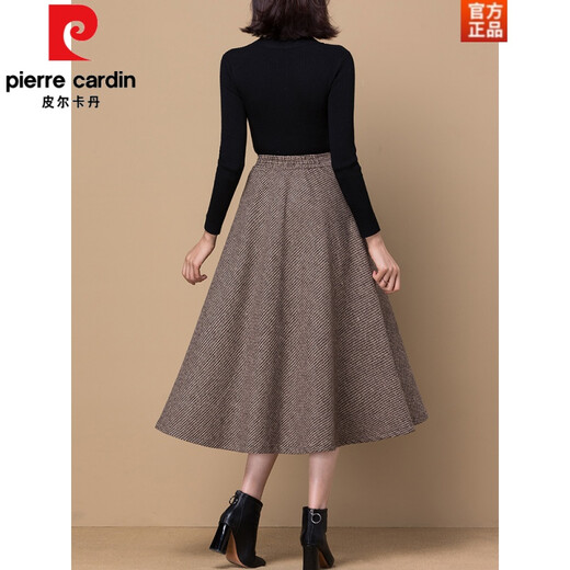 Pierre Cardin (Pierre Cardin) temperament women's woolen A-line skirt women's spring autumn and winter skirt mid-length retro high-waist large size mid-length skirt gray and white houndstooth L