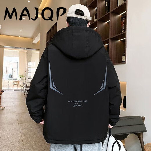 MAJQP夹克棉衣外套男加绒加厚秋冬款青少年男士宽松保暖连帽学生外套潮 719-加绒-黑色 L 100-115斤