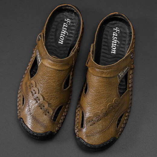 Qice summer sandals men's bag-toe casual shoes outdoor breathable beach sandals fashionable sports slippers summer hole shoes 689 brown 40
