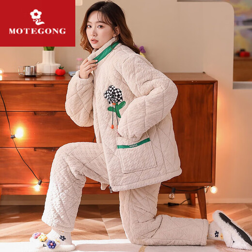 丝踏 三层夹棉睡衣女冬季提花绒加厚加绒拉链可外穿冬天家居服套装 12129米白 【三层夹棉】 2XL 建议130-150斤