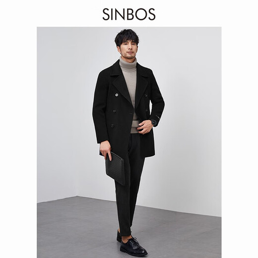 SINBOS毛呢大衣男中长款纯羊毛双面呢新款休闲西装领男士呢子外套春秋款 黑色 175