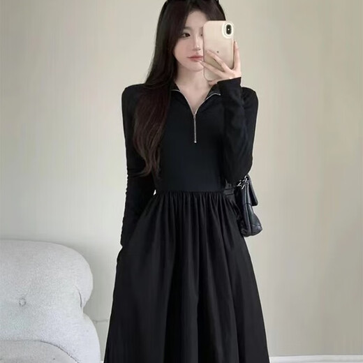 Miao Yijia Dress Women's Autumn Women's Skirt Knitted New High-end Long Skirt with Coat French Waist Slimming Black Zipper Long Sleeve A-Line Hepburn Style Dress XL Recommended 105-120 Jin Jin is equal to 0.5 kg