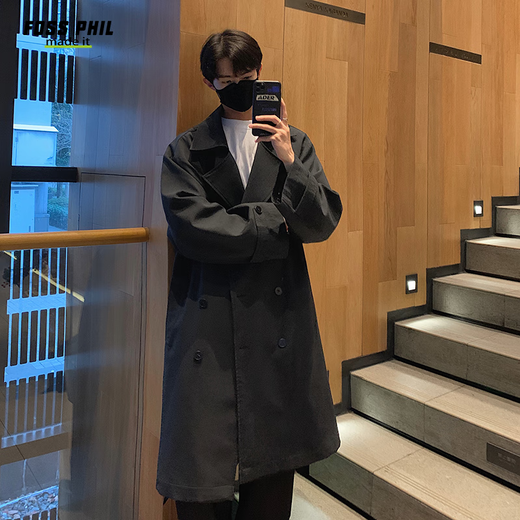 Foss Phil Mantel Herren Herbst und Winter trendige Marke koreanische lose mittellange Windjacke neue Herren DF275 schwarz XL