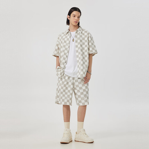 CABBEEN [chessboard] The same denim short-sleeved shirt for shopping malls for men 2024 summer new loose trendy brand shirt off white 12 L /175/50