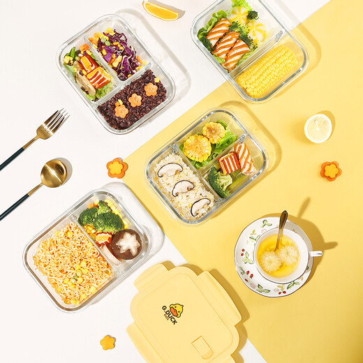 
Cilock (cilock) small yellow duck glass lunch box microwave heating special bowl office worker brings lunch box fruit bento box freshness box three partitions 1050ml + round 450ml + bag + tableware