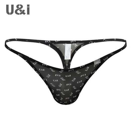 U&I men's sexy thong one-piece upward bag ultra-thin ice silk trendy pattern brand underwear 1117-P black