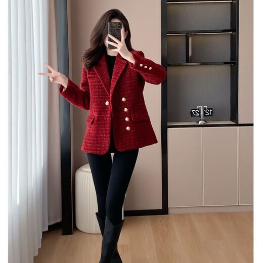 皮尔卡丹（pierre cardin）小香风西装女外套2025新款设计感显瘦轻奢减龄加棉加厚秋冬款外套 黑色 加厚 M 建议95-108斤