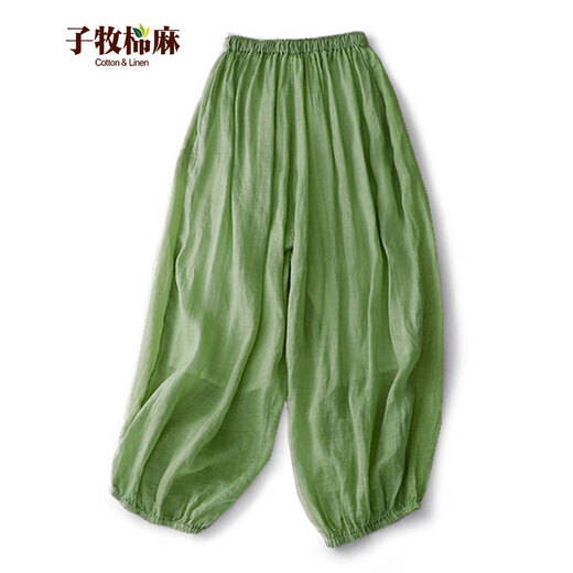 子牧棉麻2024夏装 女复古阔腿裤灯笼裤宽松百搭束脚裤休闲裤6228 绿色 M (建议95-115斤)