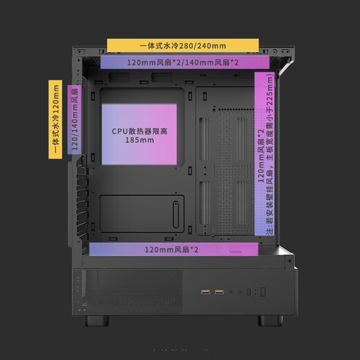 Peninsula Iron Box Yinglong 240 Wassergekühltes Zimmergehäuse mit Meerblick MATX Keine A-Säule Desktop-Host Desktop-Computer Panorama-Heimgehäuse Schwarz + Aurora Z13 ARGB-Lüfter 3 positiv und 2 umgekehrt