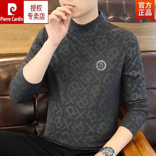 皮尔卡丹男士长袖德绒t恤2023新款潮流印花卫衣秋冬季中领修身打底针织 咖色 6630 M (90-105斤)