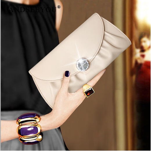 ANDSEEYOU High-end Women's Genuine Leather Clutch Women's Bag 2025 New Fashion Gas Clutch Bag Clutch Crossbody Bag Small Bag Apricot (26.5*12.5*6cm)