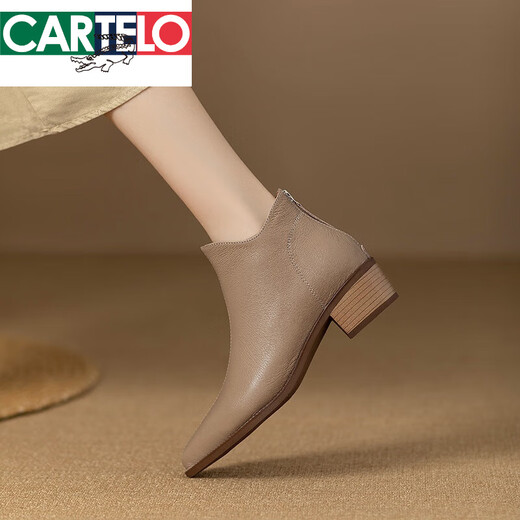 卡帝乐鳄鱼（CARTELO）粗跟尖头羊皮女鞋2025秋冬季新款中跟软皮后拉链及裸靴真皮女短靴 黑色(单里) 36