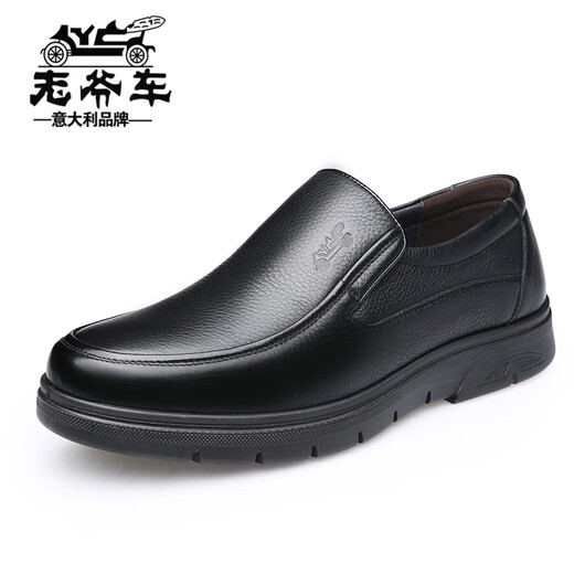 老爷车皮鞋男真皮商务休闲皮鞋男士秋冬季加绒爸爸鞋软底软皮中老年男鞋 WK9901黑色款 40码（标准皮鞋码数）