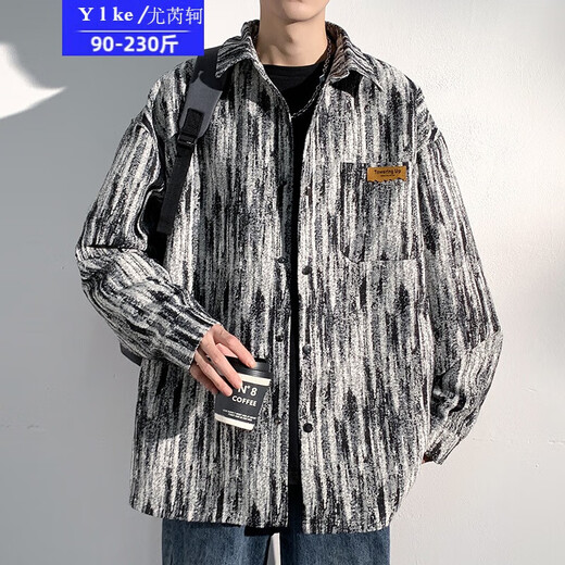 Vous ruike gras 230jin [Jin est égal à 0,5 kg] de grande taille Tiktok automne de grande taille de grande taille de teinture rétro veste de travail imprimée masculine de veste décontractée A001-J683 Black Plus Fleece 2xl costume (160-170jin [Jin est égal à 0,5 kg]))