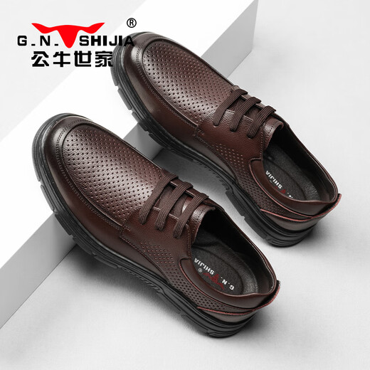 Bull Family Lederschuhe Herren Frühling Neues hohl atmungsaktives britisch -Stil -Männergeschäft Casual Schuhe Arbeitsausrüstung Pendler formelle Schuhe Männer braun [pünderten Stil] GN124101148 39 (Lederschuhgröße)
