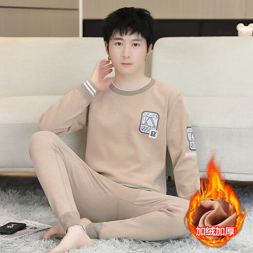 Zengzhi Niuzai Lamm Velvet Thermal Unterwäsche für Jungen, große Kinder, Teenager, Schüler der Junior High School und Velvet School Uniform Artefakt Herbstkleidung und Hosen CP693 Khaki XL [Vorgeschlagen 80-115 Jin [Jin gleich 0,5 kg]]
