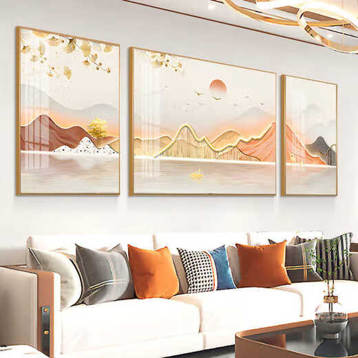 顺吉祥利轻奢客厅装饰画现代简约沙发背景墙挂画晶瓷镶钻画三联画壁画墙画 JD14137 左右35*50中70*50 晶瓷镶钻铝合金黑框