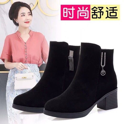 温莱蔓莎女士翻毛皮鞋女短靴磨砂皮女靴真牛皮中跟粗跟靴子秋冬绒面马丁靴 黑色【单里】833升级 36