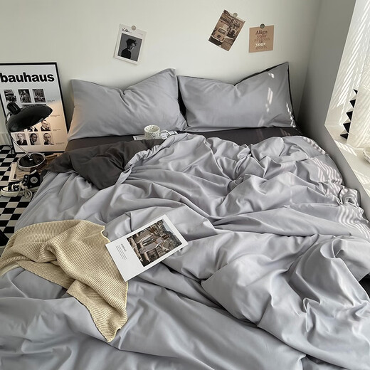 谷蝶北欧床单被套2件套单件少女件套纯色被罩宿舍天蓝单双人件套 双拼-浅灰深灰 (1) 150*200被套
