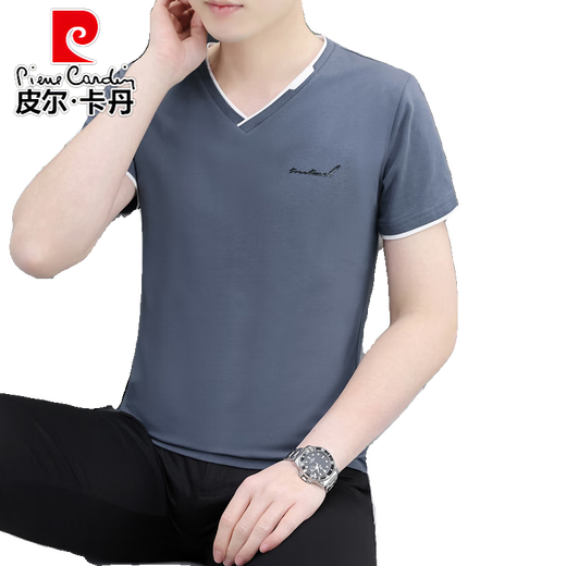 Pierre Cardin 2024 Neuer Sommer V-Ausschnitt Männer kurzärmelig T-Shirt Solid Color Casual Trendy und vielseitige Männer halbärmelte Top Qy693 Dark Grey M [Empfohlen 100-115jin [Jin gleich 0,5 kg]]]