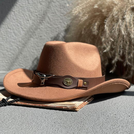 Woodpecker [Brand] Big Bullhead Western Cowboy Hat Men's Autumn and Winter Casual Versatile Retro Black Woolen Top Hat Women's Tibetan Jazz Hat Cowhead Belt Woolen Jazz Hat Off-White JSM-010 One Size 55-60CM