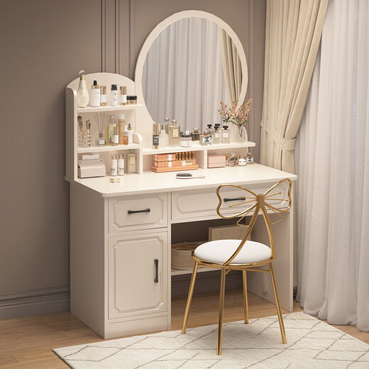 Benmu Zizai European style dressing table bedroom modern minimalist Internet celebrity ins style small apartment home small high-end bed LED light mirror round mirror four draws + petal chair 80cm other assembly 1x1x1cm