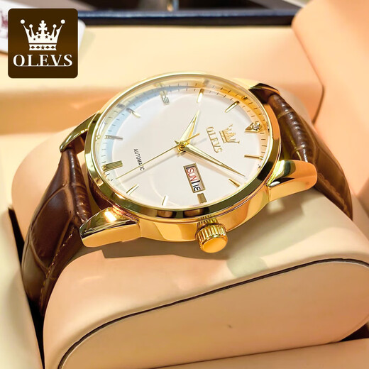 
Olis brand fully automatic mechanical watch watch new couple 1314 men and women fashion simple calendar week watch OLS-6629 men-brown leather white face
