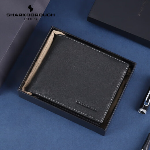 Sharkborough Top-Layer Cowide Herren echtes Leder Kurzer Brieftaschenlizenz Multifunktion Anti-Demagnetisierungs-Brieftaschen-Kartentasche Geschenkbox Geschenk Schwarz Schwarz