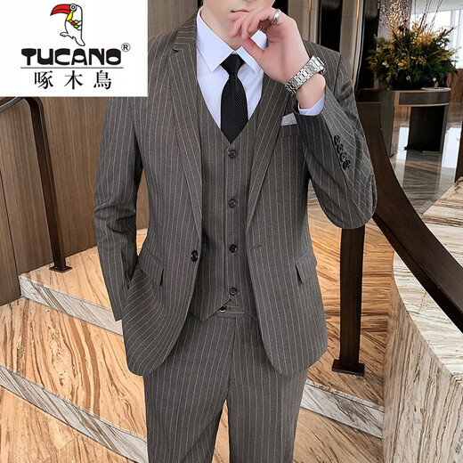 Woodpecker Men's Casual Suit Korean Style Trendy Business Formal Fit Groom's Suit Jacket Groomsmen Wedding Dress Black Suit + Vest + Pants + Shirt with Free Tie XL