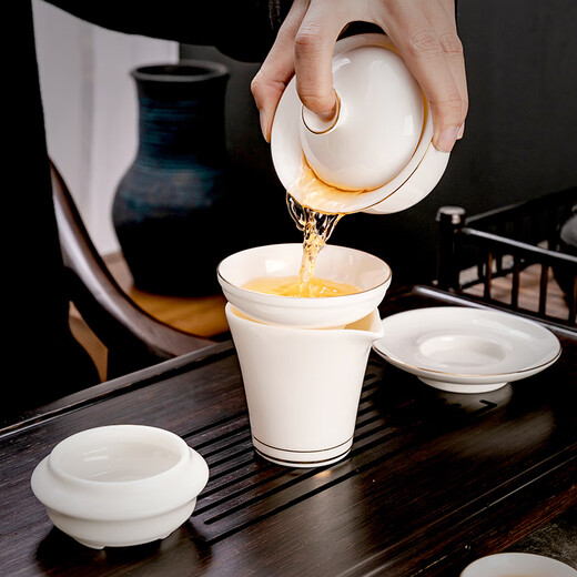 Yuantao kiln gold mutton fat jade kung fu tea set high-end Dehua white porcelain household complete set teapot covered bowl tea cup covered bowl big belly cup painted gold/safety packaging 12 pieces