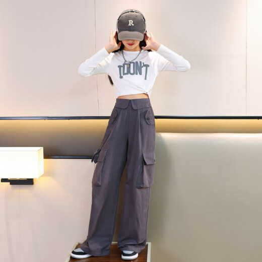优优1点（Yoyo one）女童裤子春秋款工装阔腿裤儿童春季新款大童直筒卫裤秋季 15053灰色【春秋款】 150cm