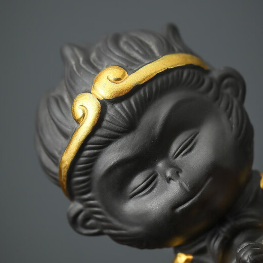 Yuxuan handmade purple sand tea pet with personality that can raise creative little monkey monkey tea play fish tank bonsai ornaments YYH---Purple clay little monkey painting gold belt stick