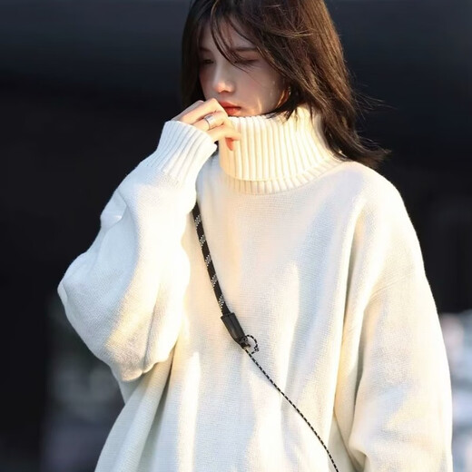 POUM turtleneck sweater for men and women, spring and autumn loose knitted sweater for men, retro lazy solid color bottoming shirt SM-003 white XL recommended 110-140Jin Jin equals 0.5 kg