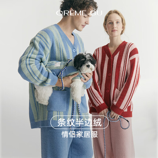 CREME SU Matisse Series Autumn and Winter Couples Home Clothes Half Velvet Contrast Color Stripes Interesting Jacquard Wedding Red Blue White Stripes M (Recommended 90-120 Jin Jin equals 0.5 kg)